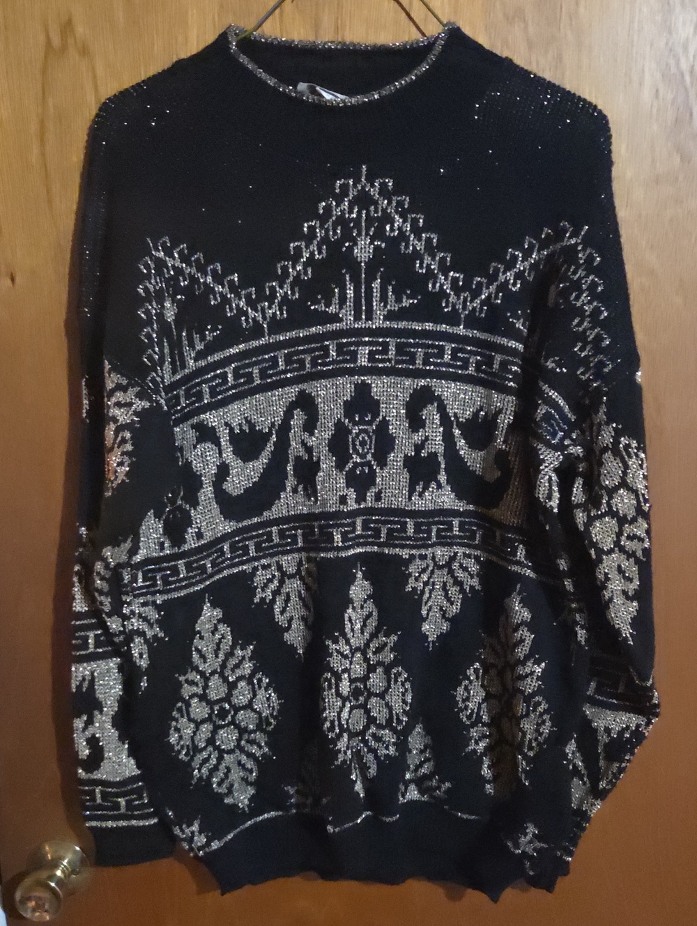 Black Knit Crewneck Sweater with Silver Metallic Pattern